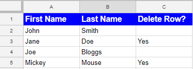 Example table with specific rows to delete