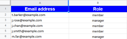 Rows of email address and role in spreadsheet