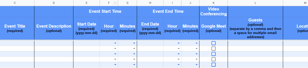 Google Sheet columns allow for event details to be added