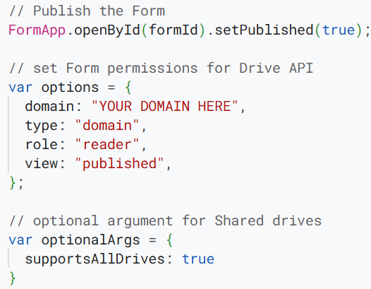 Screenshot of code for publishing a Google Form